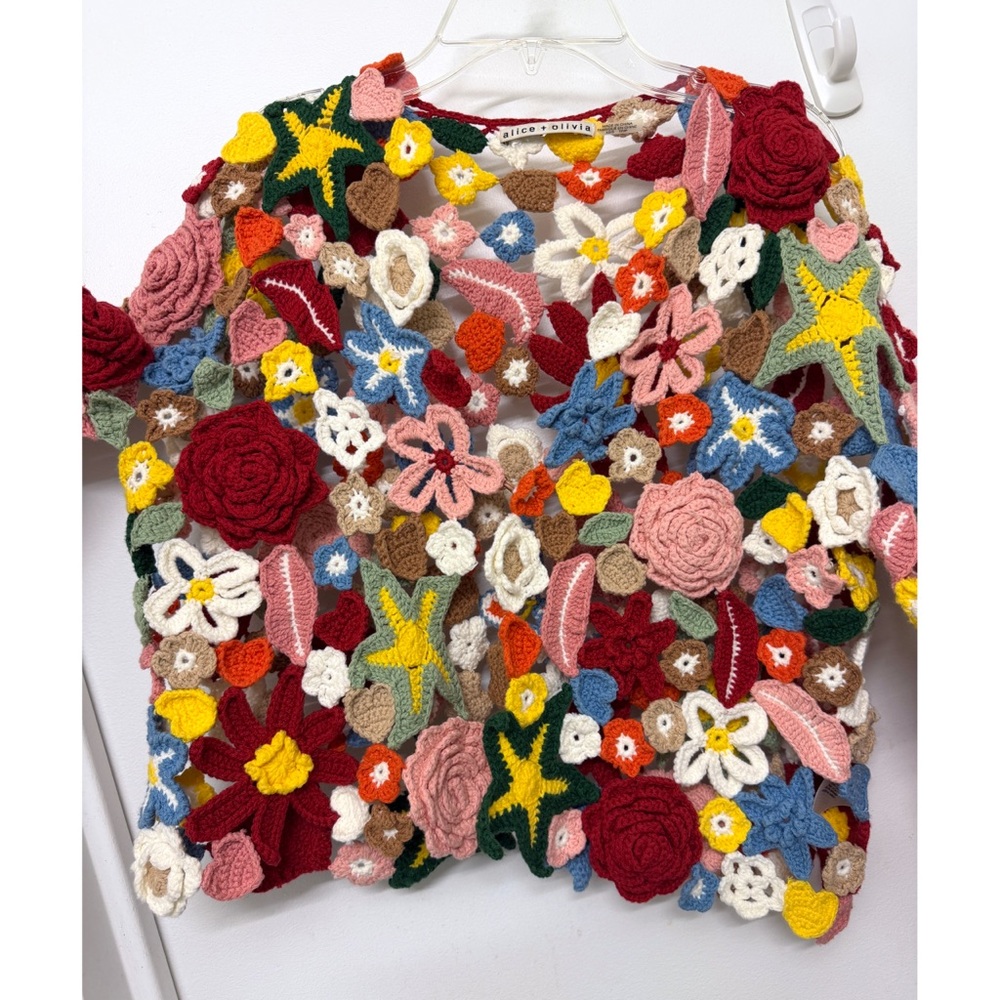 Alice + Olivia Fawn Collage Crochet Cardigan Sweater Cotton Floral XS S - Picture 5 of 14